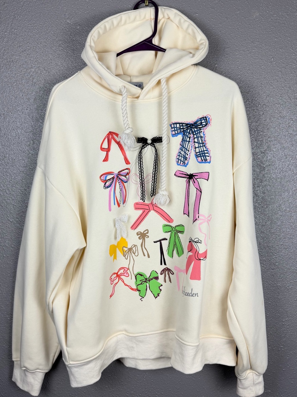 AELFRIC EDEN Fleece Hoodie Bow Graphic Oversized Women’s S Ivory Cotton Blend -